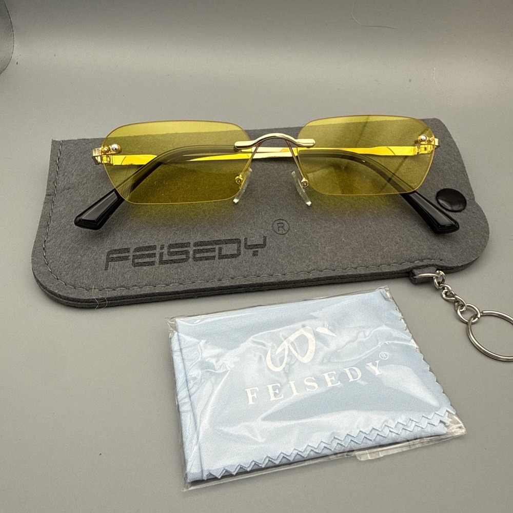 New Feisedy Rimless Yellow Lens 70s Retro Sunglasses- with Travel Case/Cloth